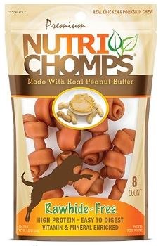 Nutri Chomps Peanut Butter Flavor Mini Knot Dog Treats, Digestible Dog Chews, 8 Count, 2.5in