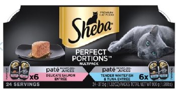 Sheba Perfect Portions Pate in Natural Juices Variety Pack with Salmon, Tuna, and Whitefish, Grain Free, Wet Cat Food, Case of 12, 2.6oz Twin Packs