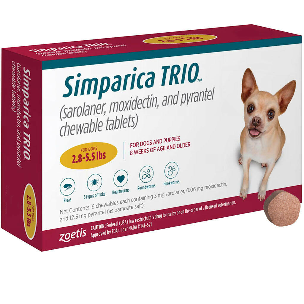 Simparica Trio for Dogs(Sarolaner, Moxidectin, and Pyrantel) 2.8-5.5 lbs