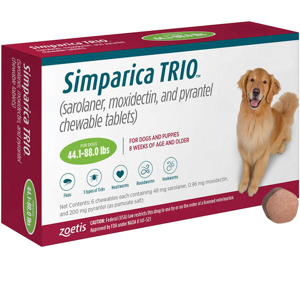 Simparica Trio for Dogs (Sarolaner, Moxidectin, and Pyrantel) 44.1-88 lbs - Complete Protection