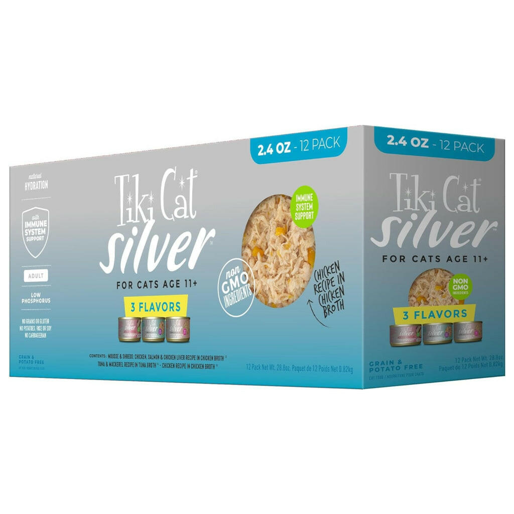 Tiki Cat Silver Grain-Free Wet Food For Cats - Variety Pack (2.4 oz x 12 pouches)