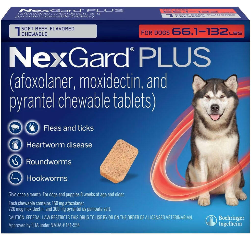 NexGard PLUS Chews for Dogs (afoxolaner, moxidectin & pyrantel tablets) 66.1-132 lbs (Red Box)