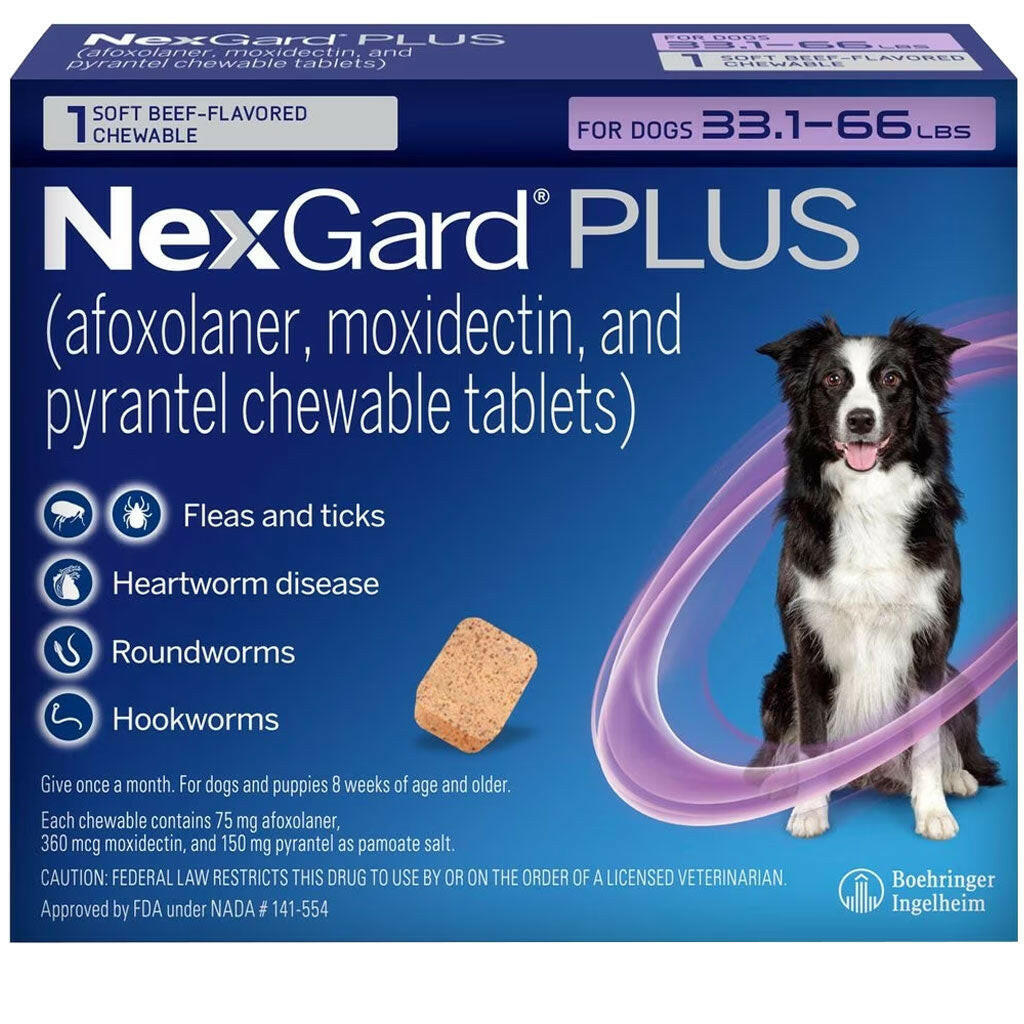 NexGard PLUS Chews for Dogs (afoxolaner, moxidectin & pyrantel tablets) 33.1-66 lbs (Purple Box)