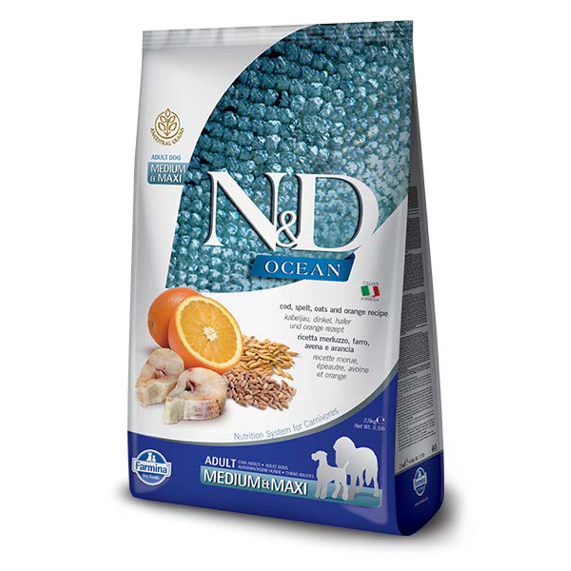 Farmina N&D Ocean Adult Medium & Maxi Cod, Spelt, Oats & Orange Dry Dog Food