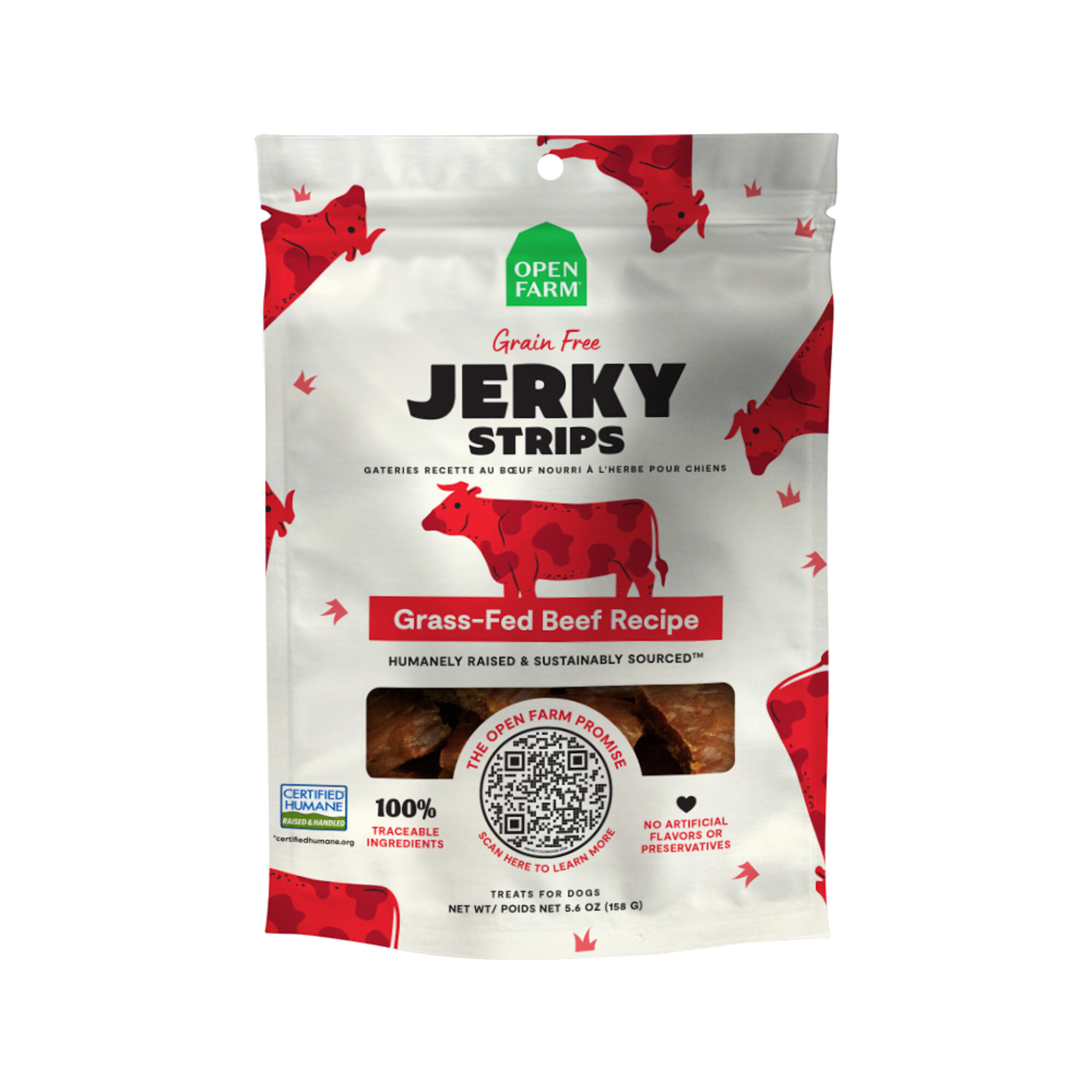 Open Farm Grain Free Jerky Strips Grass-Fed Beef Recipe Dog Treats