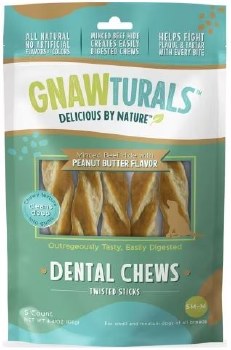 Gnawturals Dental Chews Twisted Stick, Dog Dental Chew, Peanut Butter, Medium, 5 Count