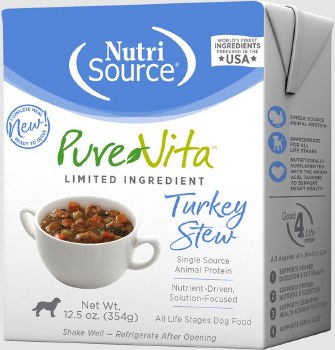NutriSource Pure Vita Grain Free Turkey Stew Entree Tetra Pack, Wet Dog Food, Case of 12, 12.5oz