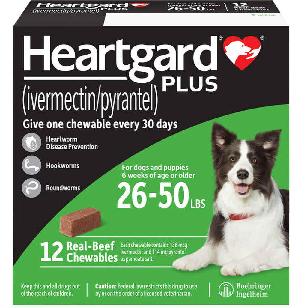 Heartgard Plus Chew for Dogs (Ivermectin/Pyrantel), 26-50 lbs (Green Box)
