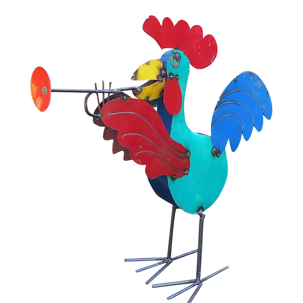 Jamming Roosters Metal Yard Art - Trumpet Rooster